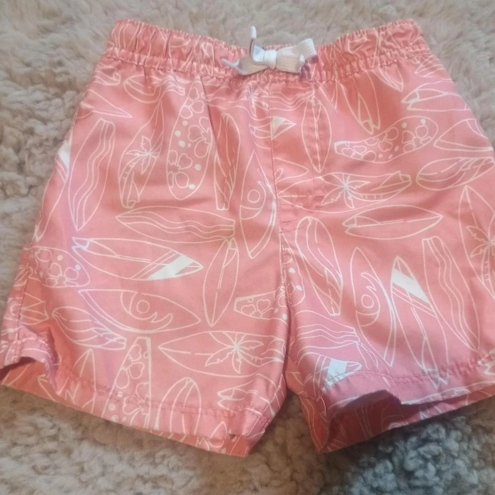 Wonder Nation Boys Coral Pink Surfboard Print Swim Trunks Size 2T